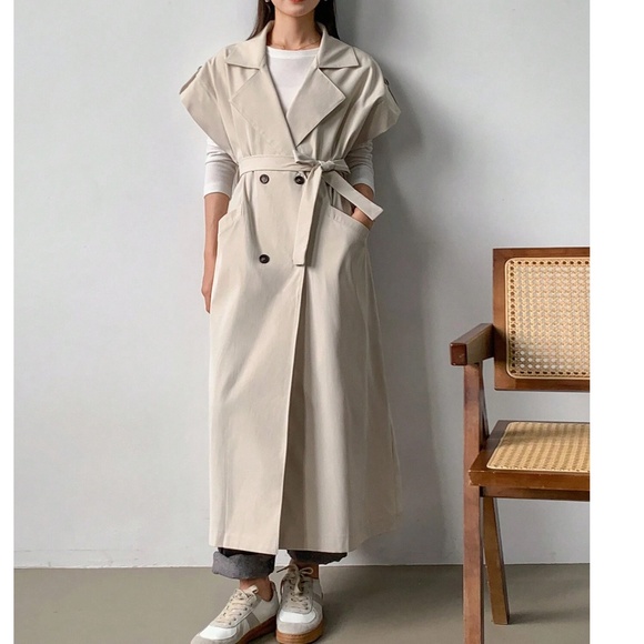Classic Solid Double Button Pockets Cuff Short Sleeve Trench Coat - Picture 5 of 10